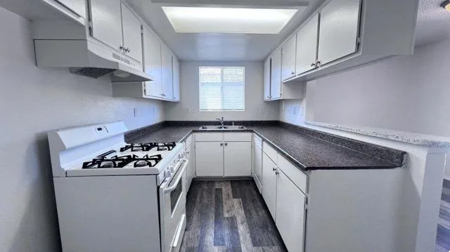A renovated kitchen with white cabinets, a gas range, dark speckled countertops and grey wood-look plank flooring